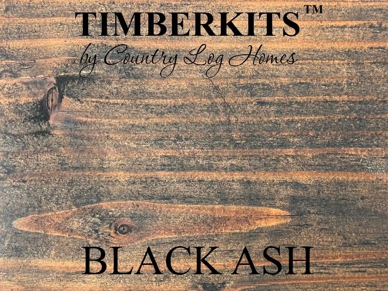 Sample of wood Black Ash stain with logo Timberkits by Country Log Homes